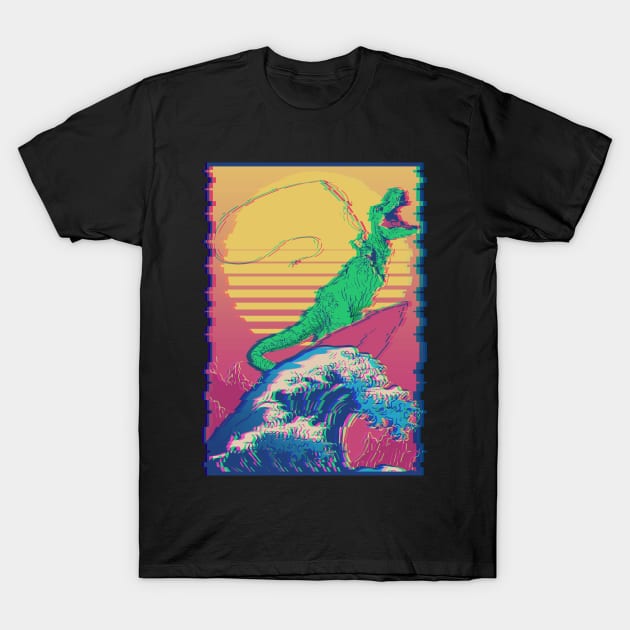 Surfer T-Rex Fishing Fisherman Surfing Vaporwave T-Shirt by Alex21